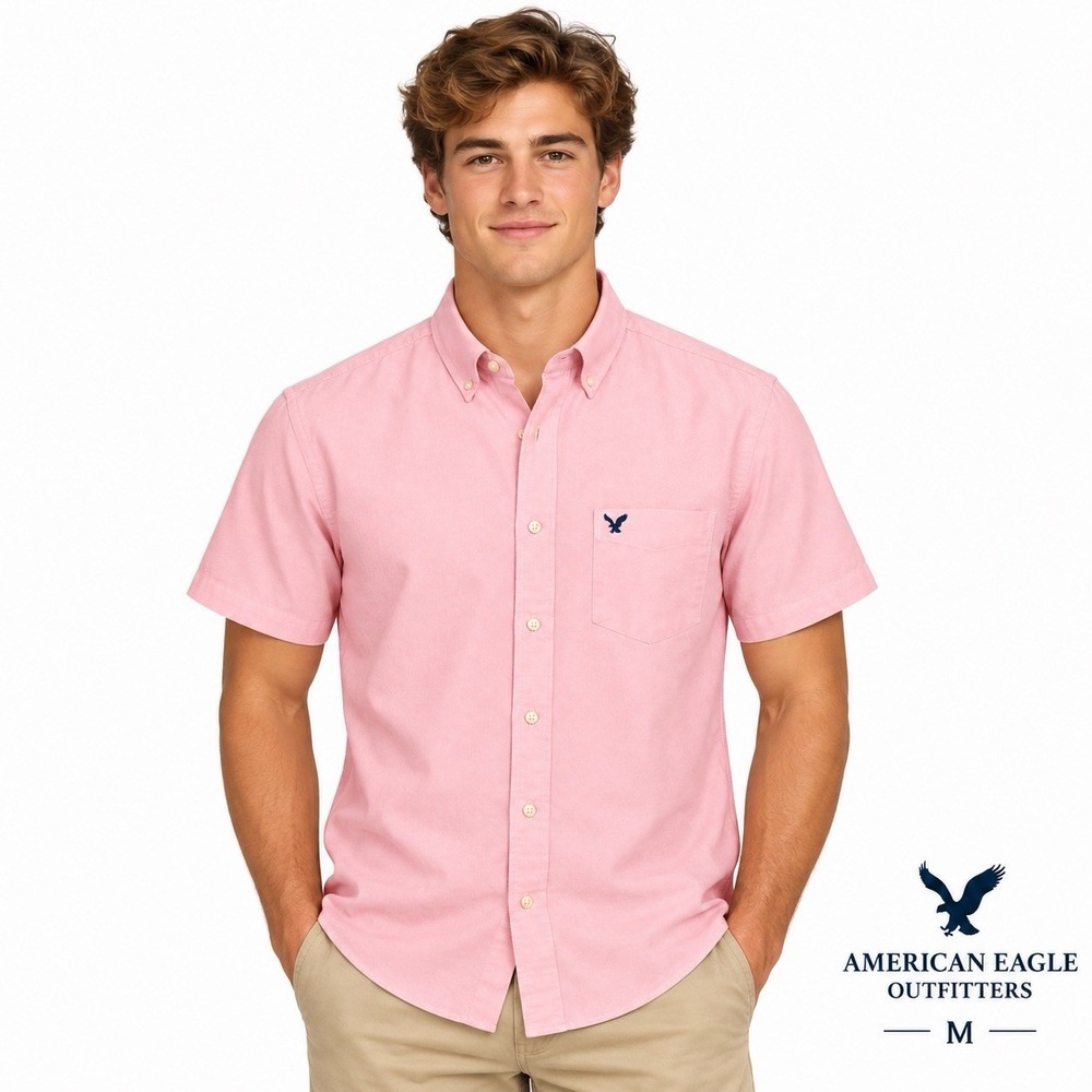 American Eagle Mens M Pink Oxford Button Down Shirt Classic Fit Short Sleeve